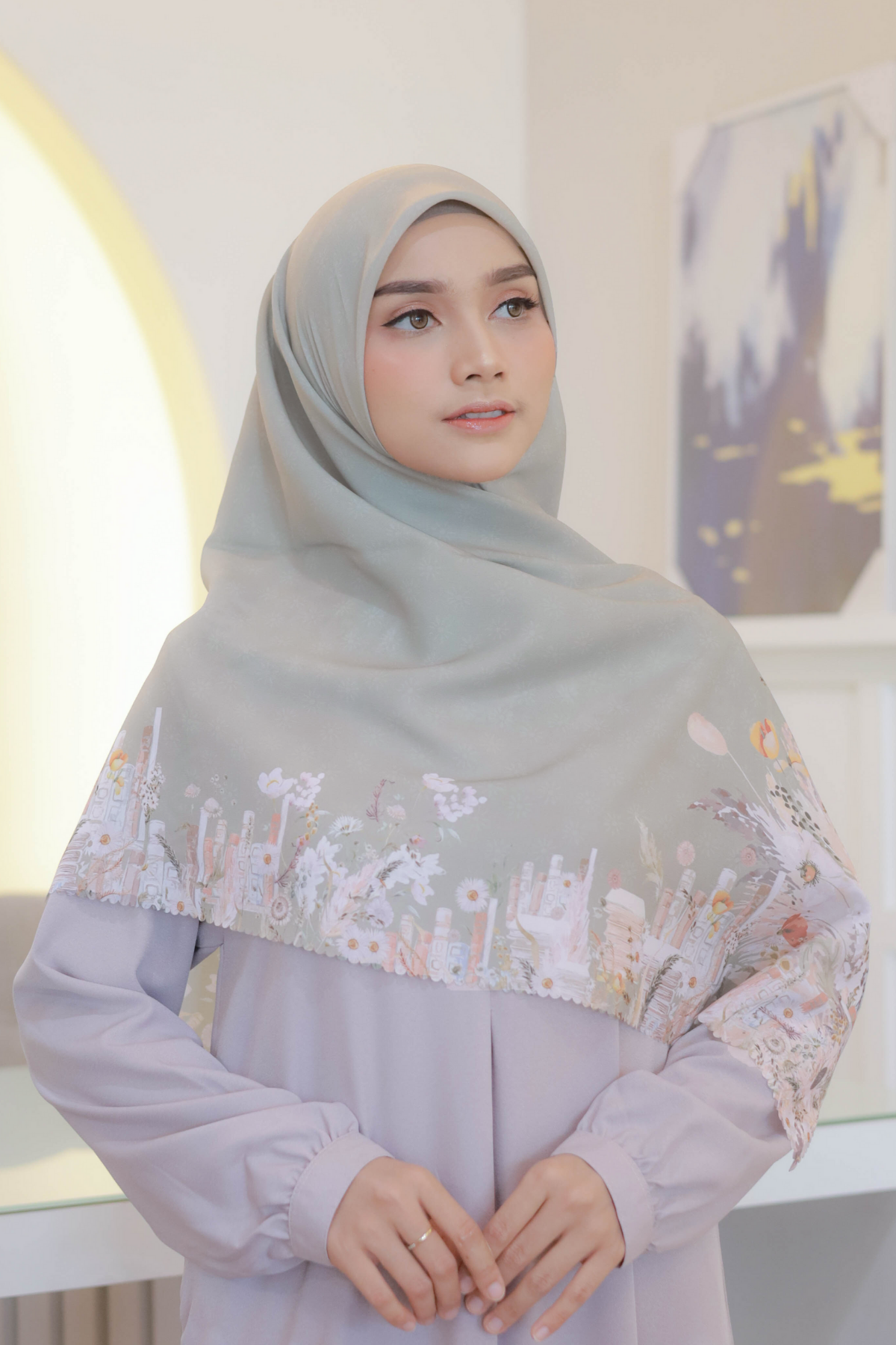 Zinnia JUMBO Mini Pattern - Scarf Square Premium Polycotton XL | Khaki - NM73.9