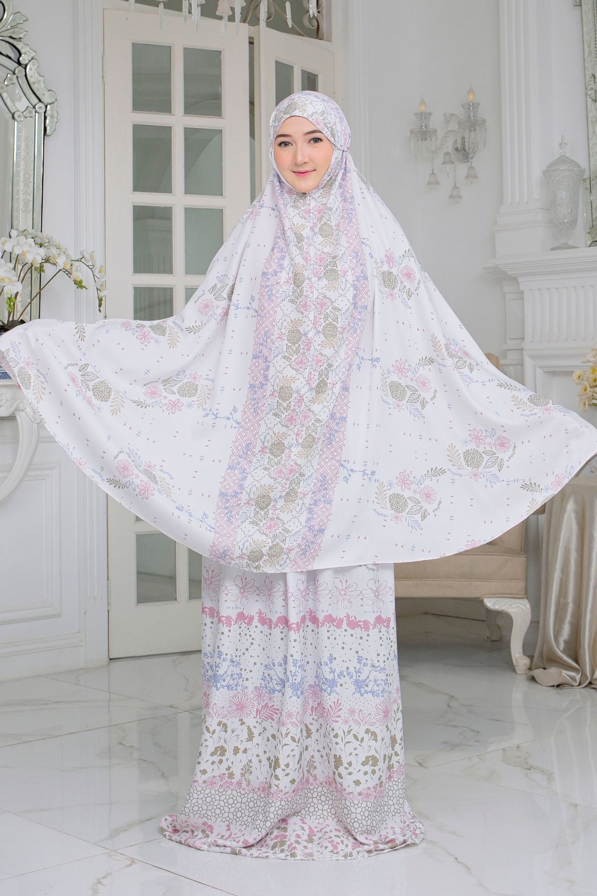 Mukena Flora - Mukena Katun | Cotton Daily Prayer Set | White - FM03.4
