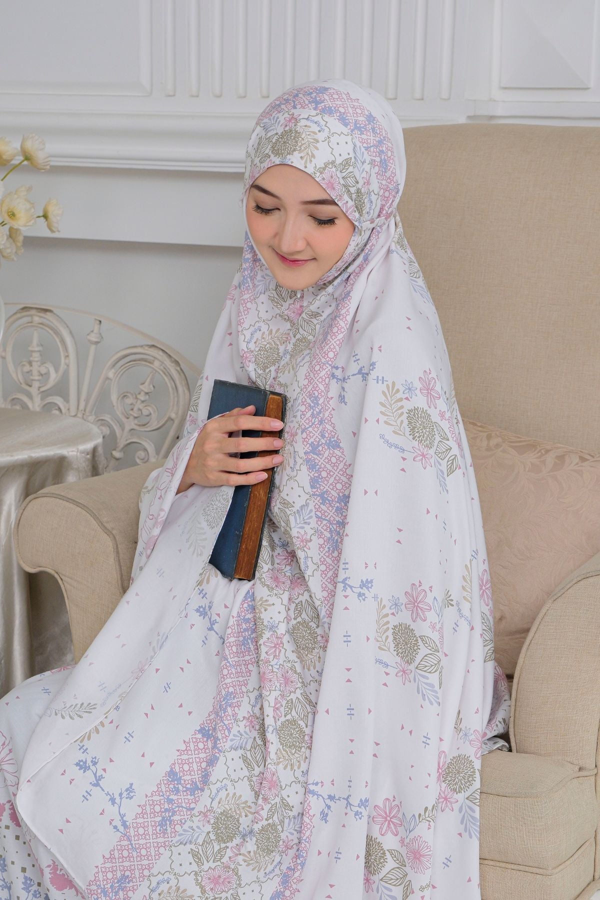 Mukena Flora - Mukena Katun | Cotton Daily Prayer Set | White - FM03.4