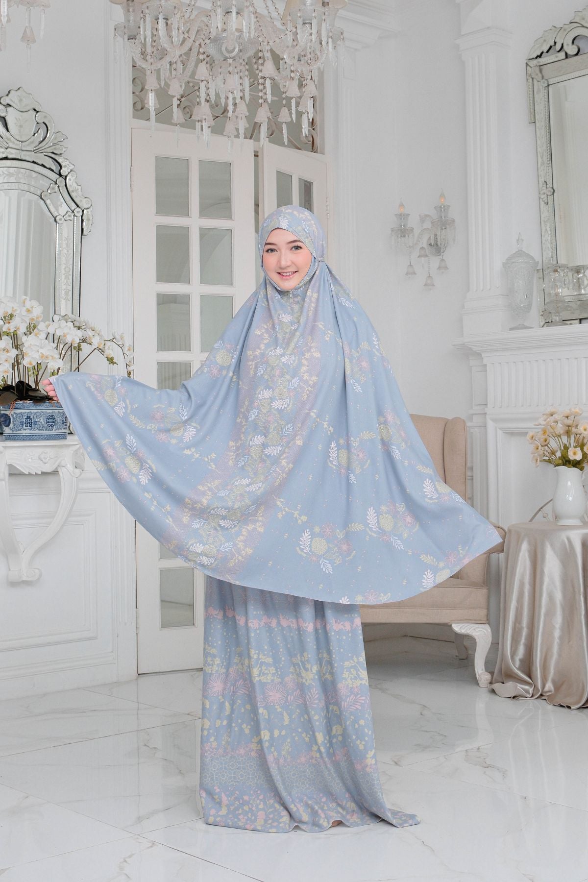 Mukena Flora - Mukena Katun | Cotton Daily Prayer Set | Blue - FM03.1