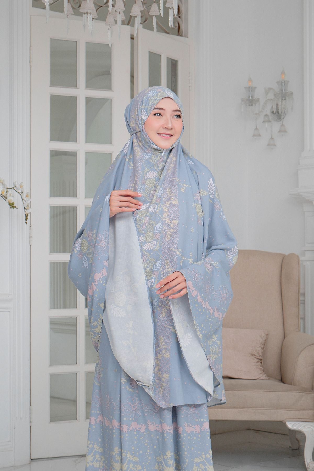 Mukena Flora - Mukena Katun | Cotton Daily Prayer Set | Blue - FM03.1