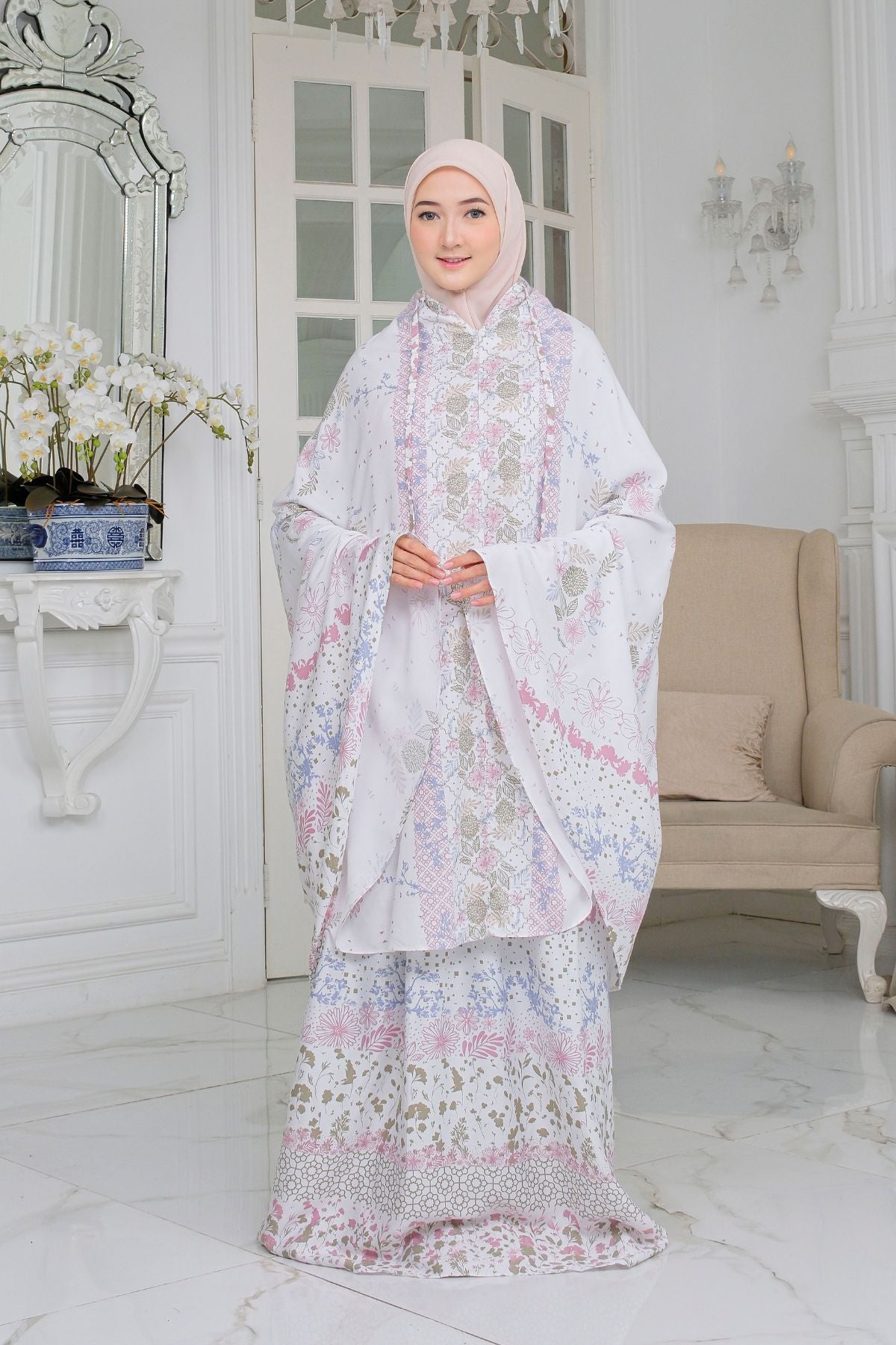 Mukena Flora - Mukena Cotton Fine| Cotton Daily Prayer Set | White - FM03.6