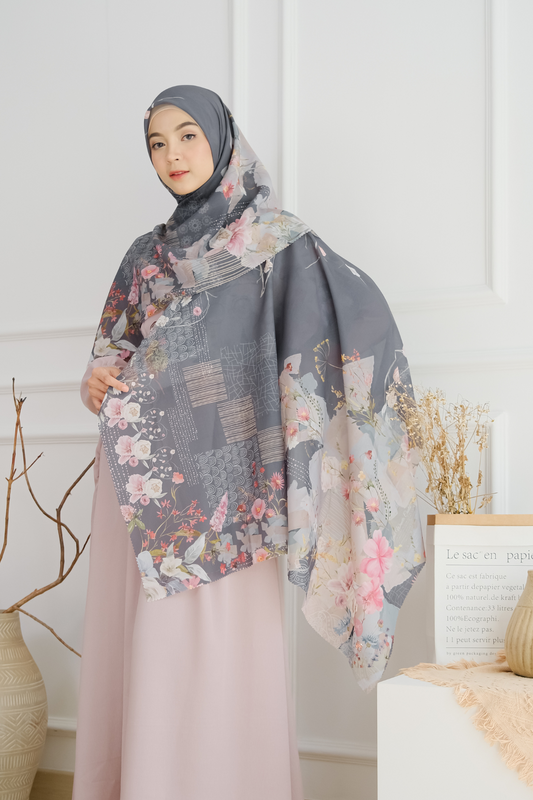 [ BUY 3 GET 1 FREE HIJAB ] Florence - Scarf Square British Voal - Midnight Grey - FL24.3
