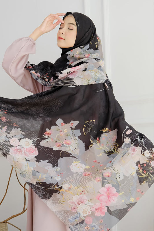[ BUY 3 GET 1 FREE HIJAB ] Florence - Scarf Square British Voal - Black - FL24.1