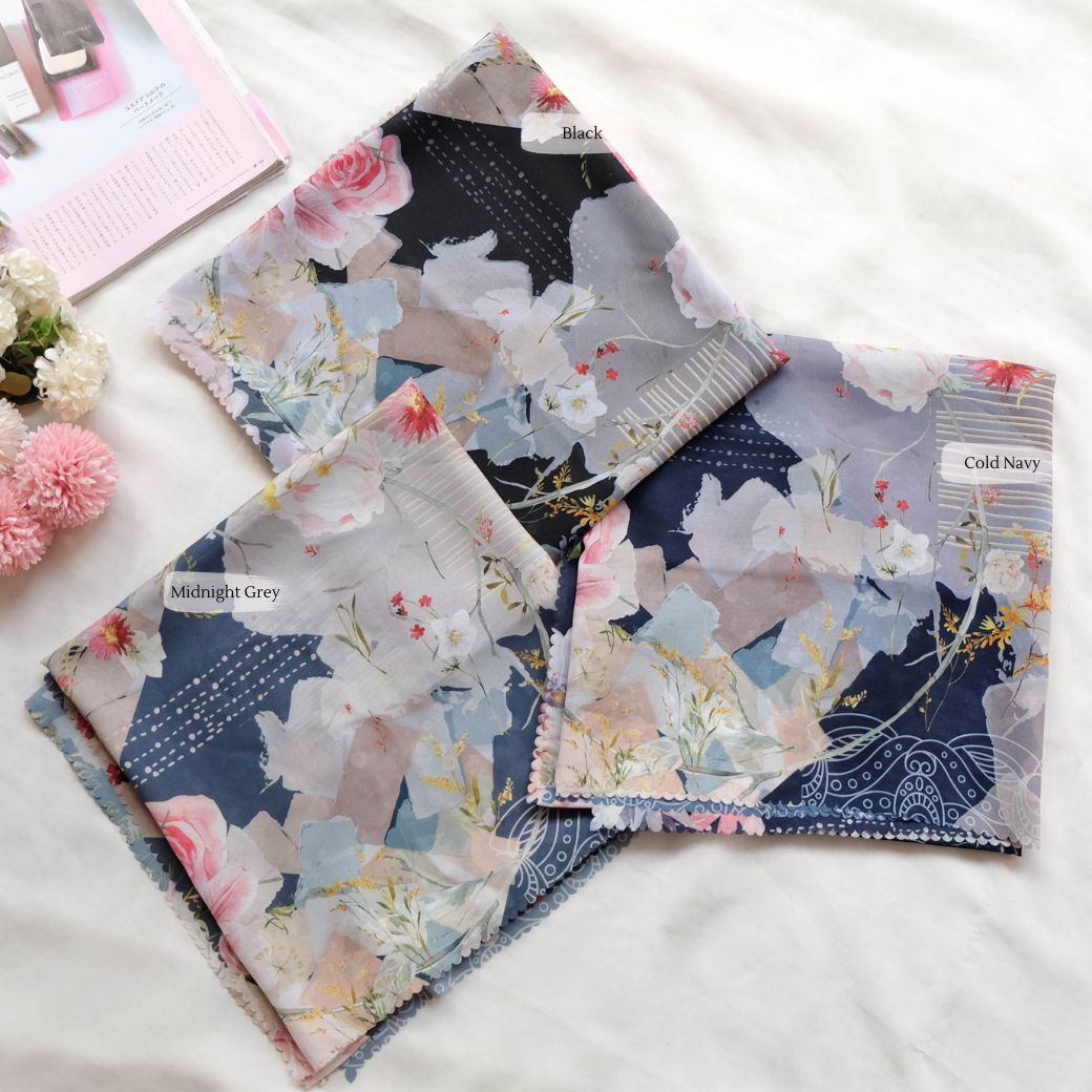 [ BUY 3 GET 1 FREE HIJAB ] Florence - Scarf Square Premium Polycotton XL - Midnight Grey - RJ24.3